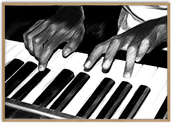 Black and White by Massimo Frascogna - two hands on a piano keyboard in black and white line