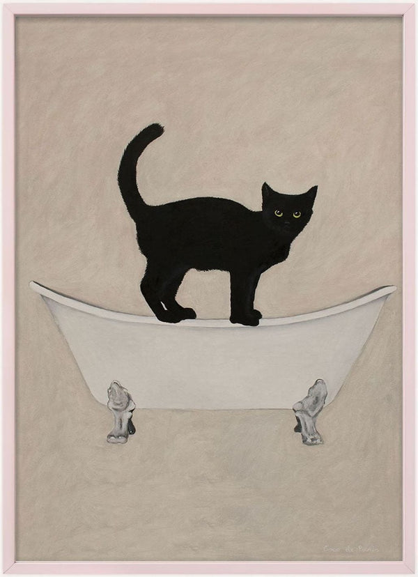 Artwork of a black cat standing on the rim of a white clawfoot bathtub, by Coco de Paris.