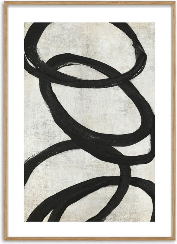 Abstract art print featuring bold, overlapping black circles on a light textured background for wall decor.