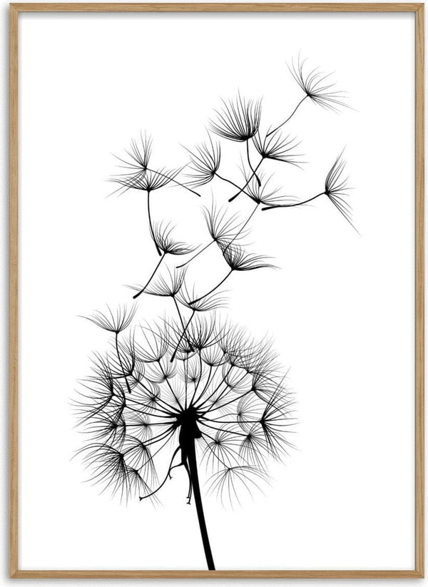 Minimalist black dandelion flower with seeds blowing in the wind on a white background poster.