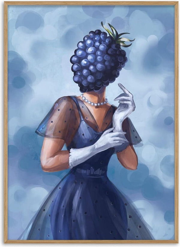 Elegant woman in a sheer navy dress and gloves with a blackberry-inspired headpiece, embodying Blackberry Fashion style.
