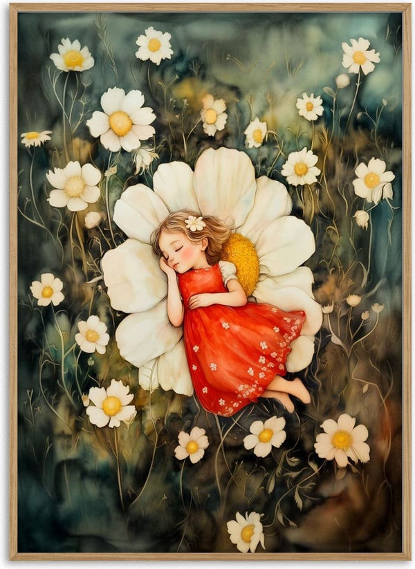 A young girl in a red dress sleeps on a large daisy surrounded by blooming flowers for Blossom Dreams.