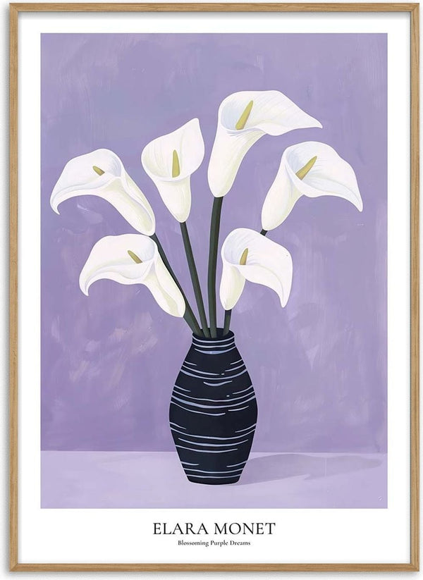 A striped vase holds white calla lilies against a soft purple background for Blossoming Purple Dreams by Elara Monet.