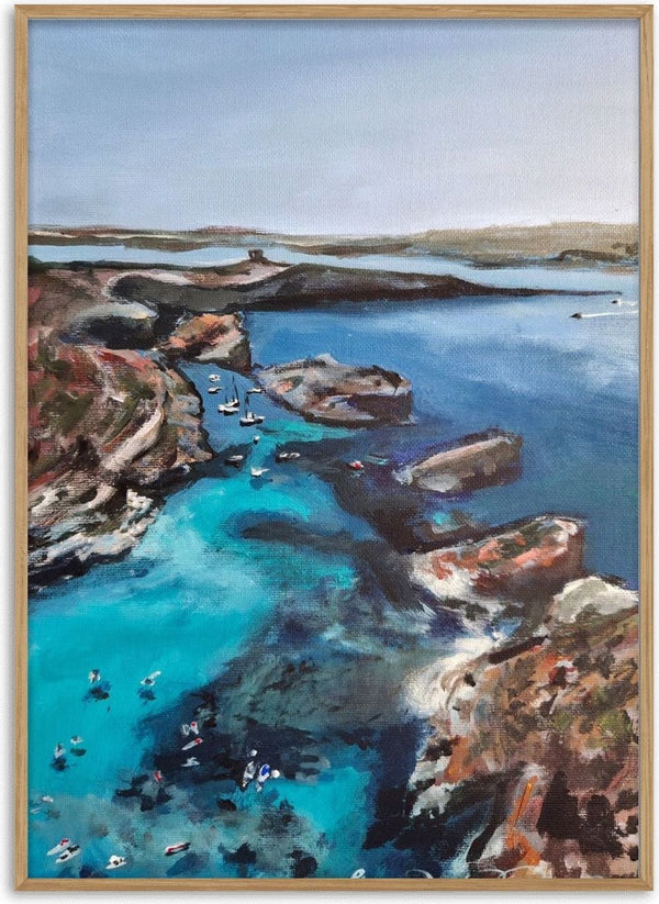 Blue Lagoon by Mariam De Giorgio — an aerial view of a turquoise lagoon with small white boats between rust-brown cliffs.