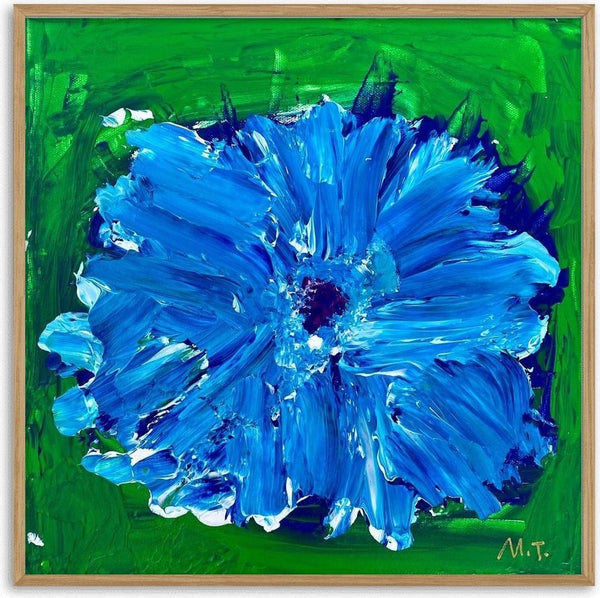 Blue by Maria-Tia - one cobalt flower with a dark red centre across a grass green ground