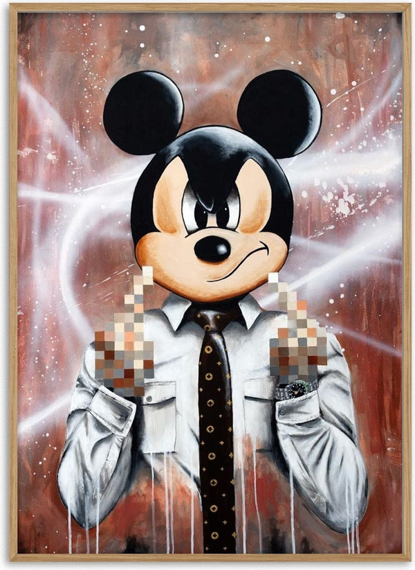 Blurred Mickey by Daniel Leo — acrylic pop art painting of a cartoon character in shirt and tie with pixel-censored hands
