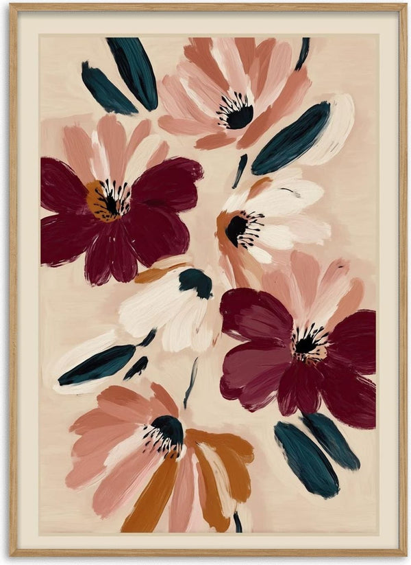 Abstract floral artwork with blush, wine, and beige blossoms by Branka Kodžoman displayed on a neutral background.