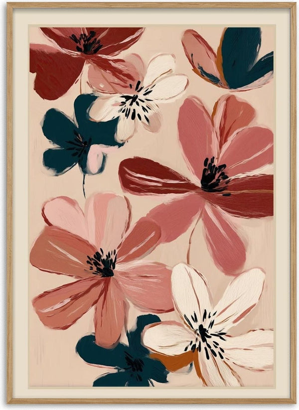 Abstract floral artwork with blush, wine, cream, and navy blossoms on a beige background by Branka Kodžoman.