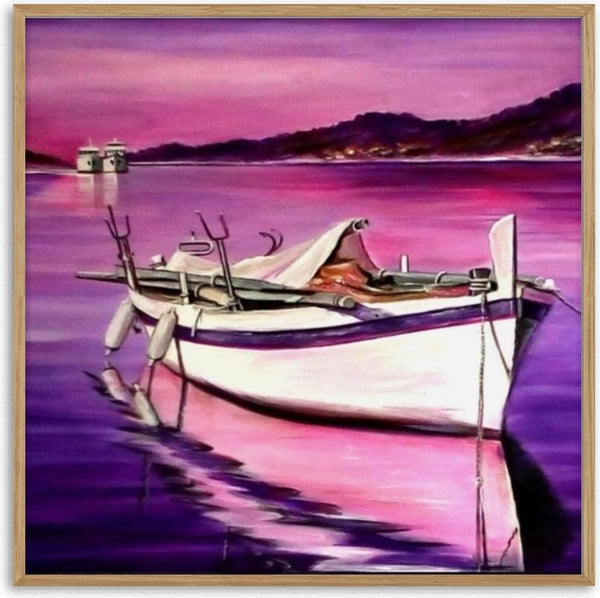 Boat in Pink by Sunny - a white moored boat on still water in magenta and violet