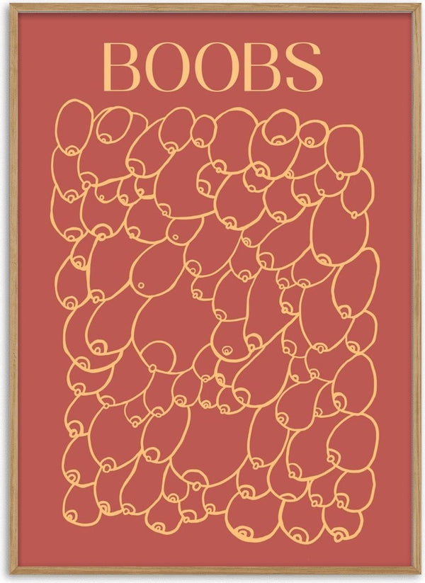 Boobs by Astrid Lind - rows of breasts in pale outline on a warm terracotta ground