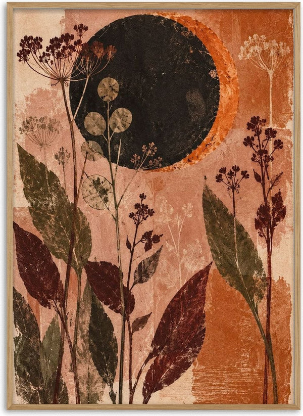 Botanical Eclipse by Matthews Gallerie - pressed botanical silhouettes in olive and burgundy beneath a black eclipse with an orange corona