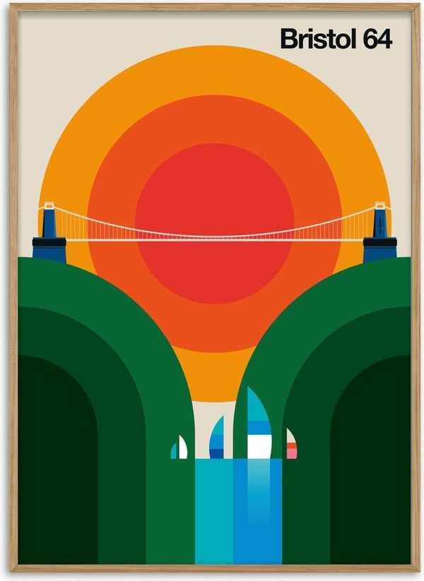 Bristol 64 by Bo Lundberg - the Clifton Suspension Bridge over green hills with concentric orange and red circles