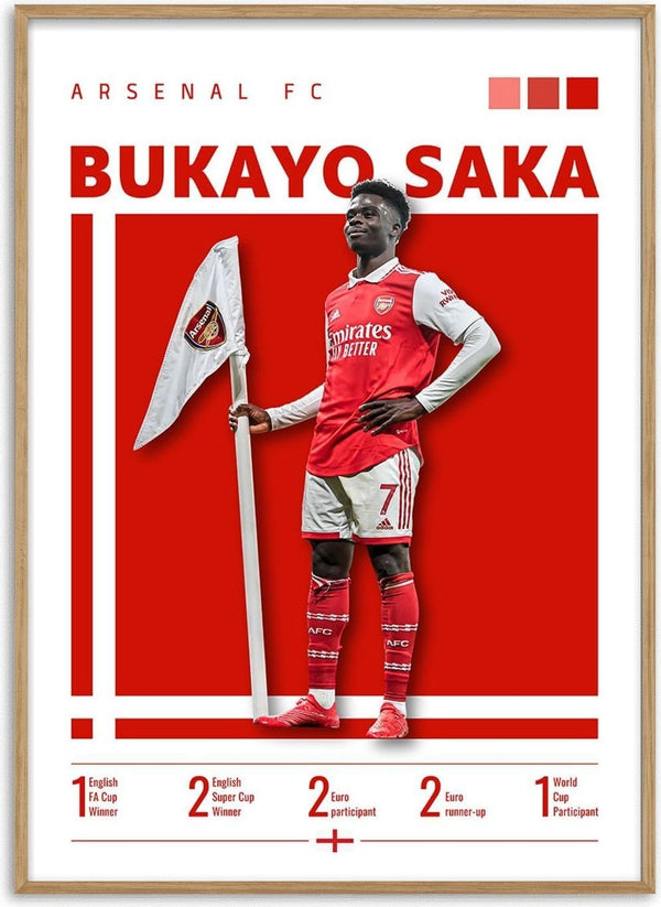Poster of Bukayo Saka in Arsenal kit holding a corner flag, with his name and career achievements listed.