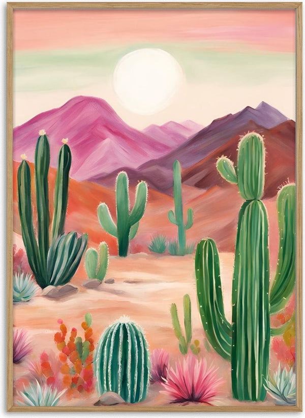 Cactus desert by Ohkimiko - green cacti before pink mountains and a pale sun