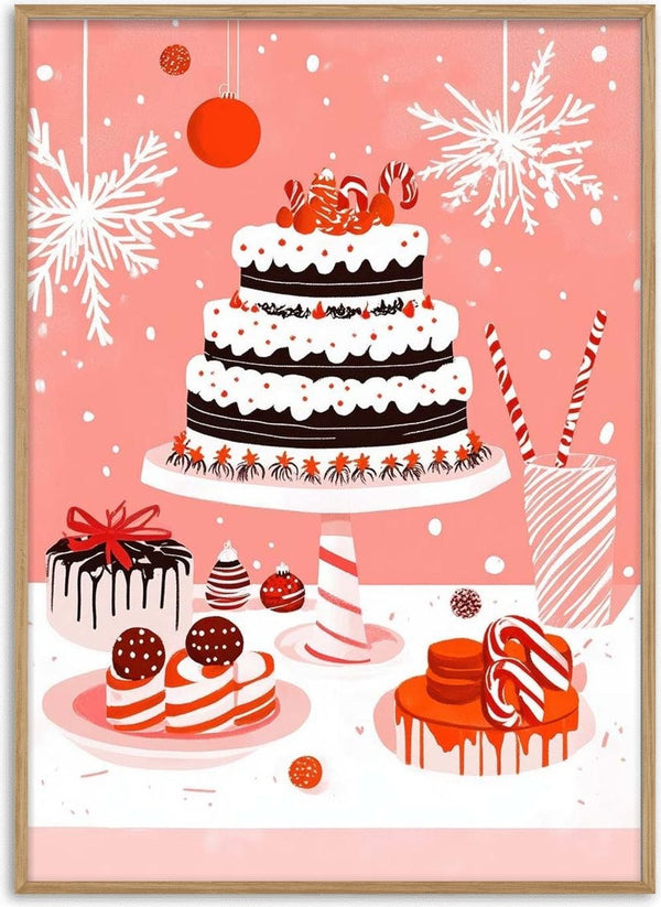 Christmas-themed cake with festive decorations, surrounded by holiday desserts and ornaments on a pink background.