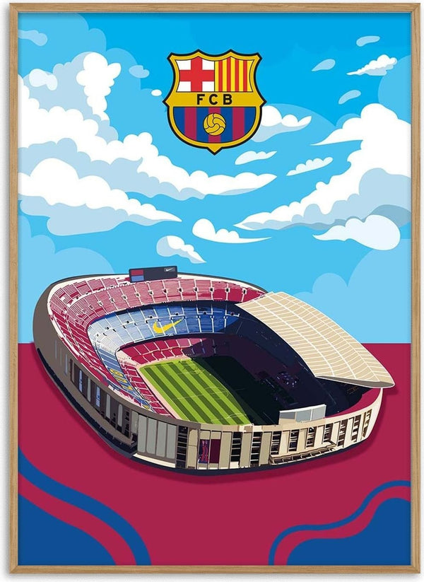 Illustrated Camp Nou stadium with FC Barcelona crest above, blue sky and clouds in the background.