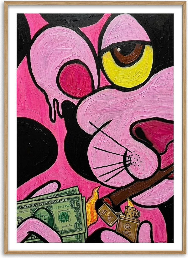 Capitalist Illusion by Bibi - the Pink Panther with a cigar and dollar bills in pink and black