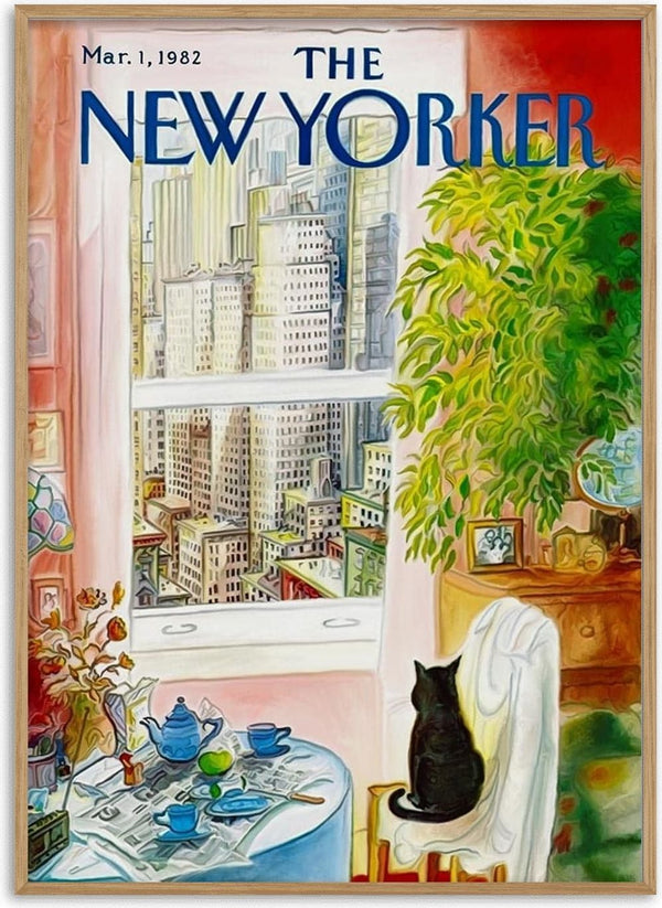Illustration of a black cat on a chair by a window overlooking city buildings, with plants and tea set nearby.