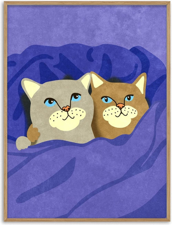 Illustration of two cats with blue eyes snuggled together under a purple blanket.