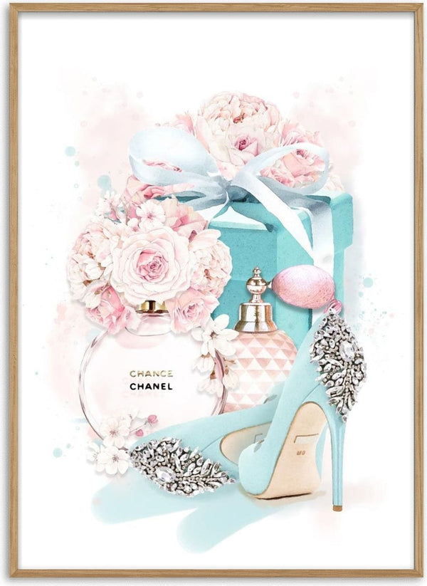 Chanel fashion-themed poster with perfume, flowers, jeweled blue high heels, and an elegant gift box.