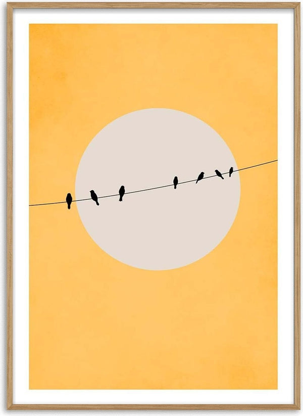 Minimalist art of birds perched on a wire against a large sun, Chirping and Chilling by Boris Draschoff.