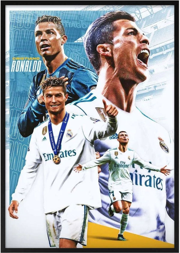 Collage of Christiano Ronaldo in Real Madrid kit, celebrating and posing with a medal on the football field.