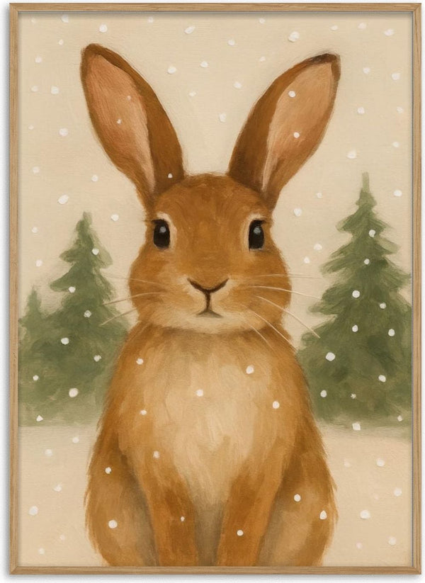 Illustration of a brown bunny in falling snow with pine trees, perfect for Christmas Bunny decor.