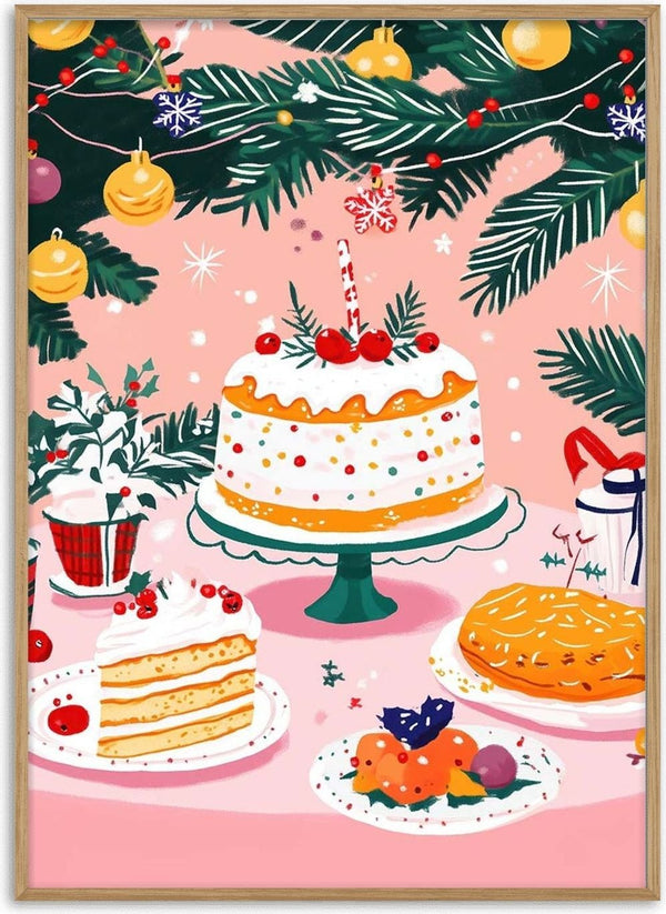 Christmas cake with whipped cream and cherries under a decorated tree, surrounded by festive treats.