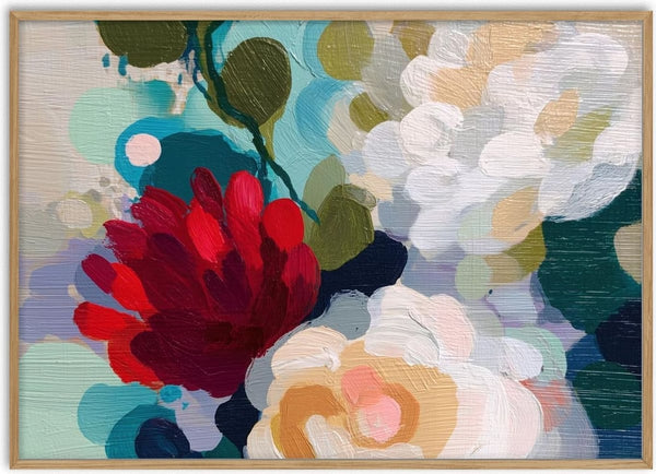 Abstract painting of festive red and white flowers with green leaves, perfect for Christmas floral decorations.