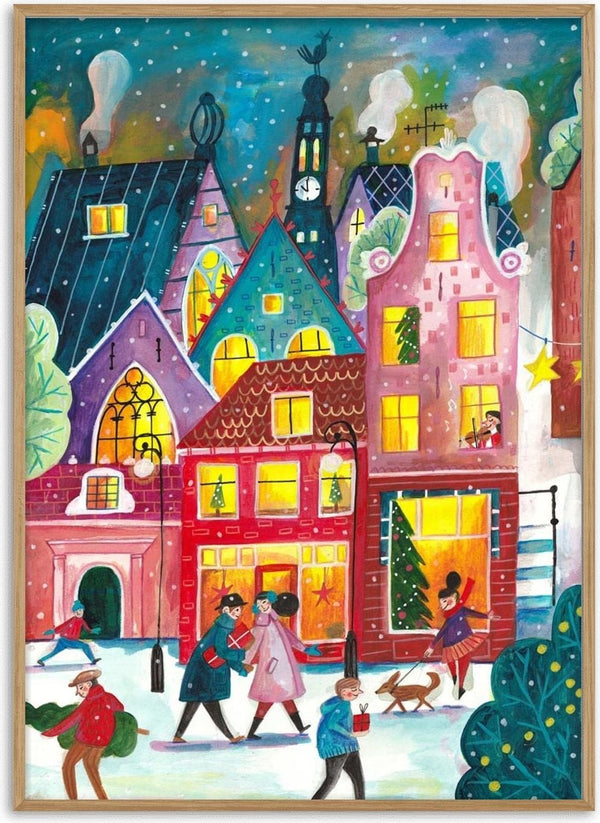 Colorful Amsterdam street at Christmas with festive lights, decorated trees, and people walking in the snow.
