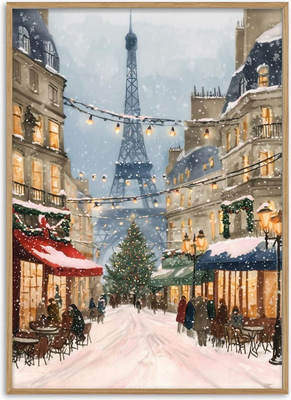 Festive Paris street with Christmas lights, Eiffel Tower in background, snowy cafes, and decorated tree.