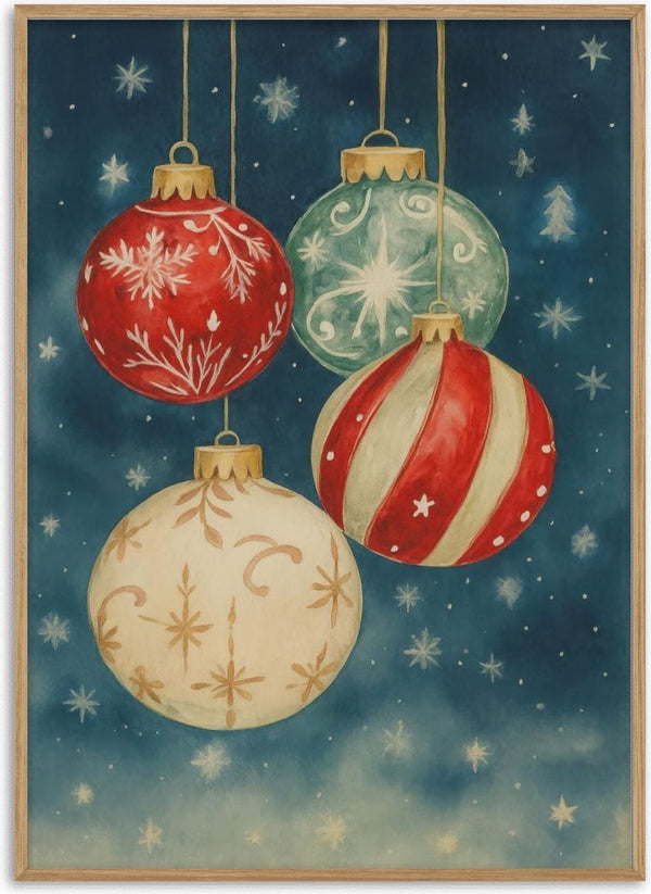 Four festive Christmas ornaments with red, white, and green designs hanging against a starry night background.
