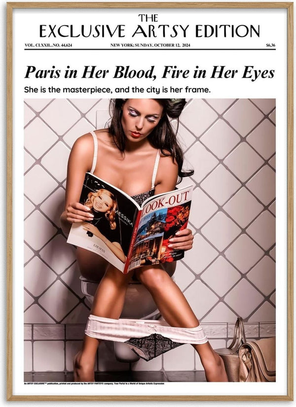 Woman in lingerie sitting on a toilet reading Come to Paris - Artsy Edition magazine, styled like a magazine cover.