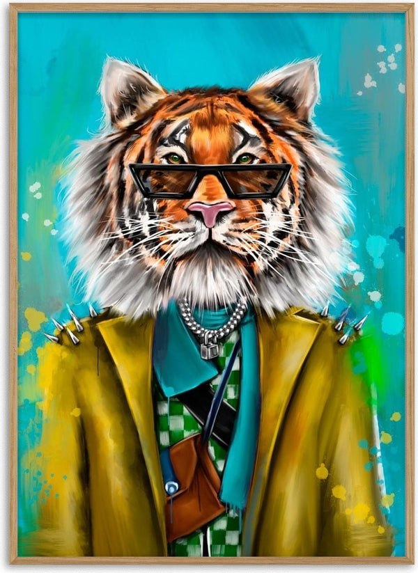 A stylish tiger in sunglasses and trendy clothes against a vibrant blue background, promoting Cool As Tiger Plakat.