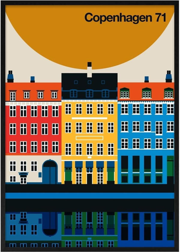 Copenhagen 71 by Bo Lundberg - the coloured facades of Nyhavn with their reflections under a large ochre sun