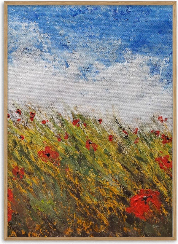 Coquelicots by GAHO - red poppies in a field of green and gold grasses under a blue sky