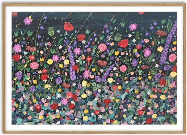Corfe House by Rebecca Wright - a crowded meadow of red and pink flowers against a deep teal green sky