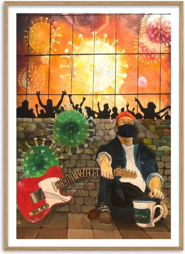 Corona Blues by Lefty-P - a masked musician with a red Telecaster against a stone wall under an orange sky of virus particles