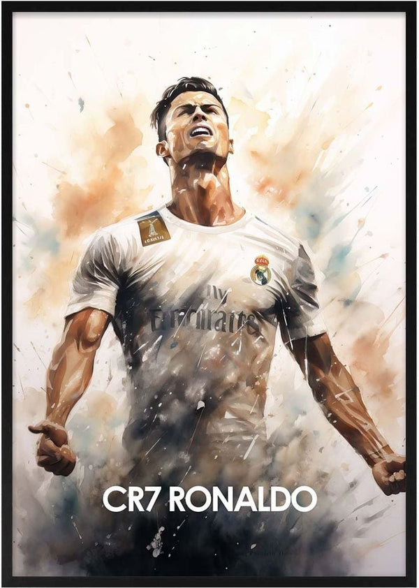 Poster of CR7 Ronaldo in a Real Madrid jersey celebrating passionately, with bold text "CR7 RONALDO" below.