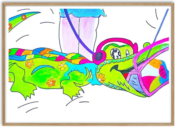 Crocodile rock by NKo - a flower-patterned crocodile in headphones walked on a lead with a boombox