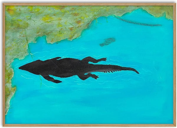 Crocodile swimming past by Sulaika Martis - a black crocodile silhouette in bright turquoise water