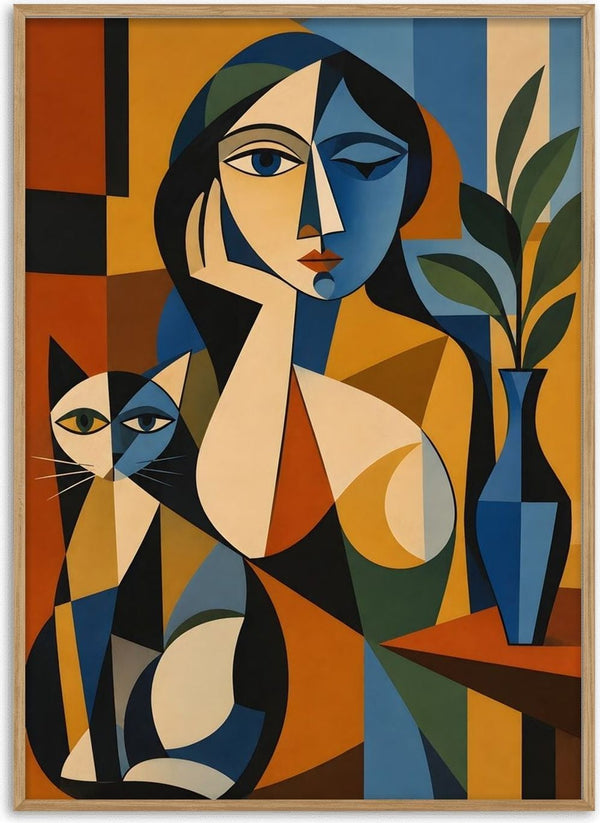 Cubist Woman with Cat and Vase by TimlessArtworks - a geometric portrait in blue, ochre and orange