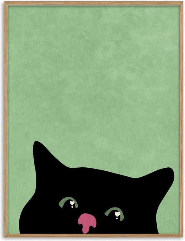 Illustration of a curious black cat with green eyes and pink nose against a light green background.