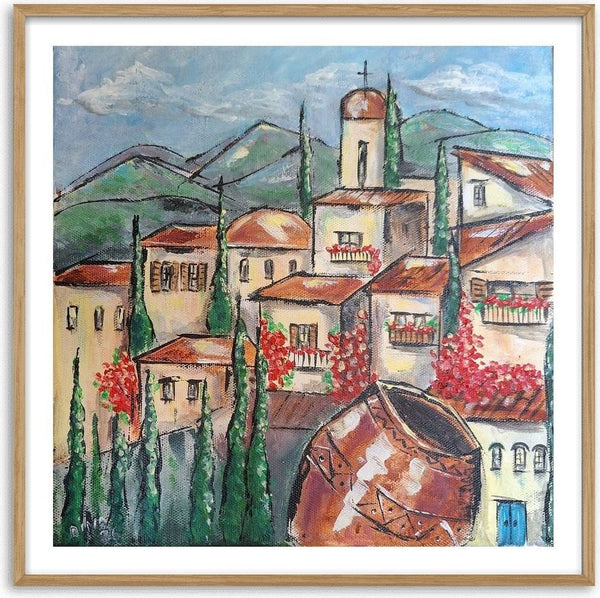 Cyprus village by Dina - pale houses, a church tower and cypresses on a green hillside