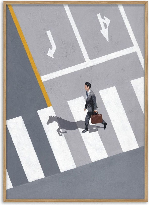 Dark horse by Jaron Su - man on a crossing with a galloping horse as his shadow