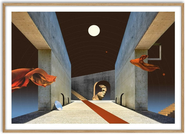 Daydream by Fran Rodriguez - a concrete hall with a marble head, red carpet and orange cloth
