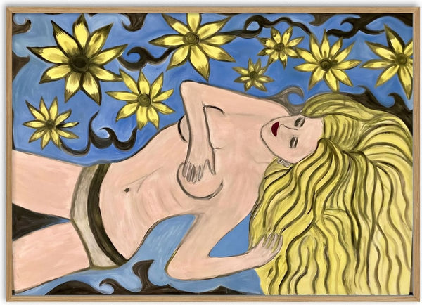 Die Blonde by Carmen Coduri - a reclining woman with long yellow hair among large yellow flowers on blue