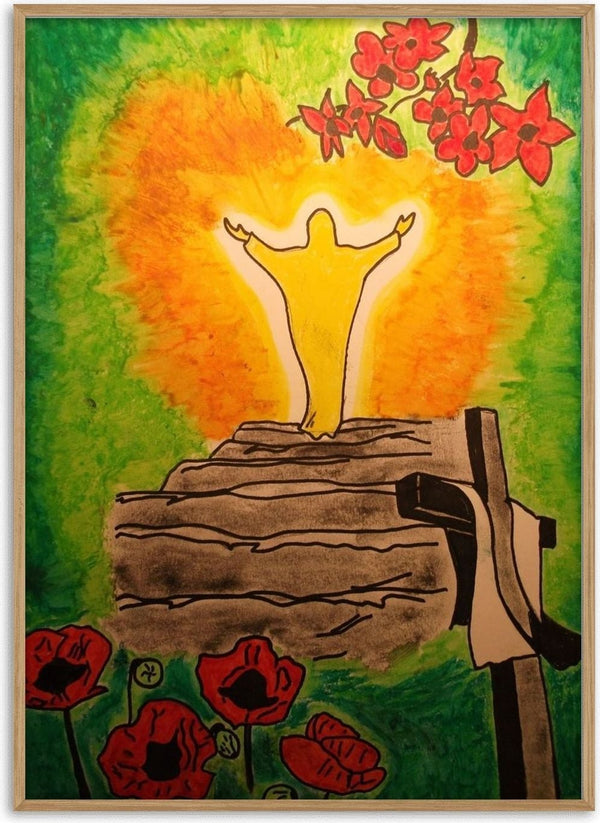 Die Wiederauferstehung by Olaf Baier - a glowing figure rising from a grey stone slab among red poppies