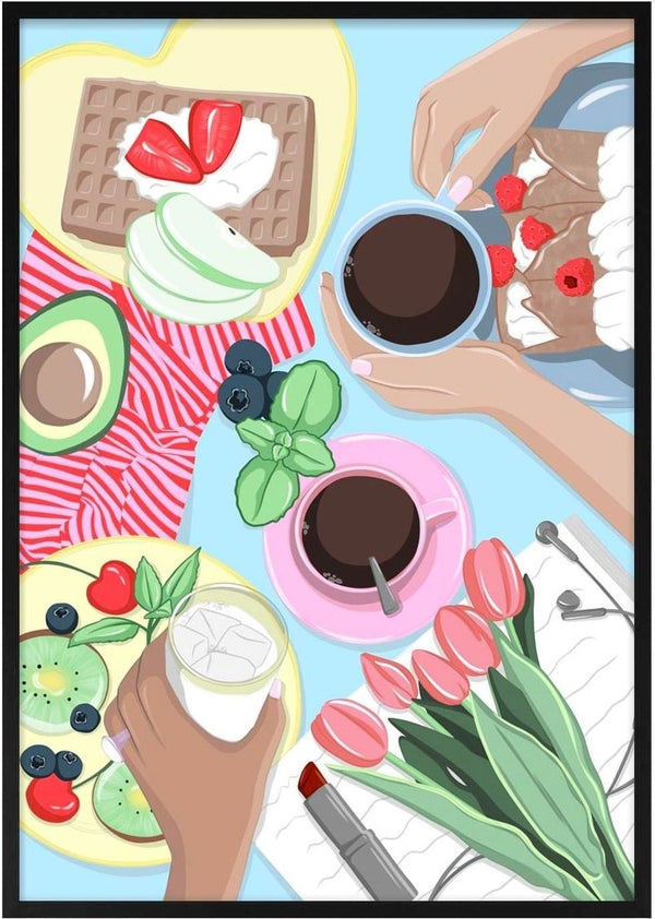 Dinner poster by Lisen Vennesland with a table seen from above full of food, coffee and pink tulips