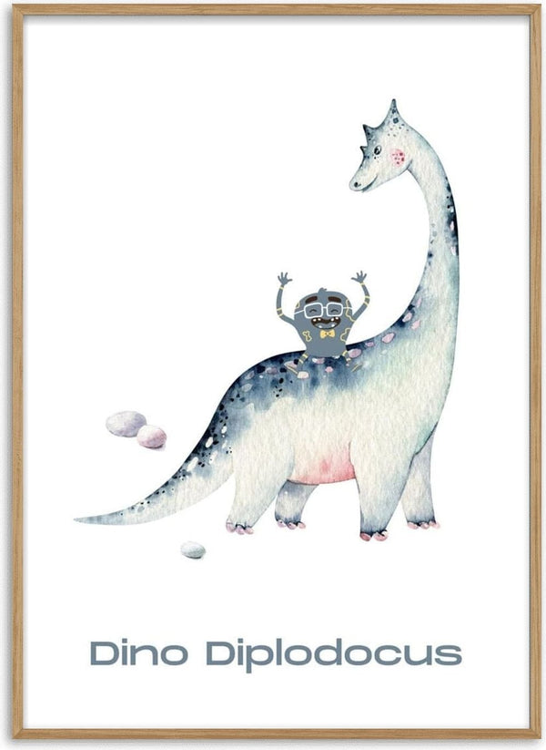 Cute illustration of a Diplodocus dinosaur with a smiling child riding on its back, perfect for kids' rooms.